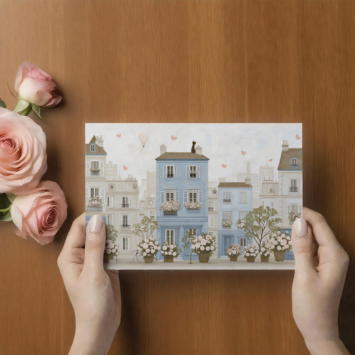 Parisian Cafe Street Floral Scene Mural Wallpaper | Soft Blue, Pink Roses, Tranquil Stroll Illustration