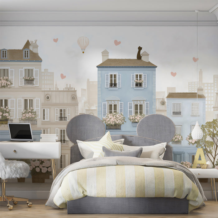 Parisian Cafe Street Floral Scene Mural Wallpaper | Soft Blue, Pink Roses, Tranquil Stroll Illustration