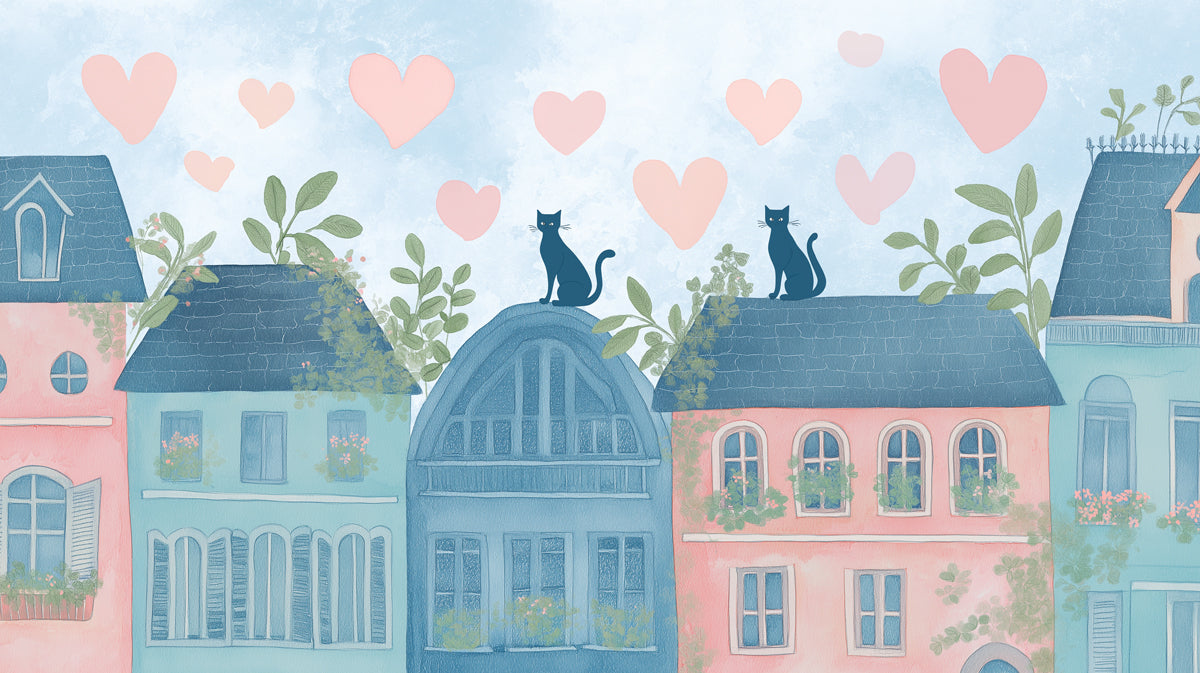Pastel Love Cats Rooftops Mural Wallpaper | Romantic Scenery, Watercolor Hearts, Cozy Illustration
