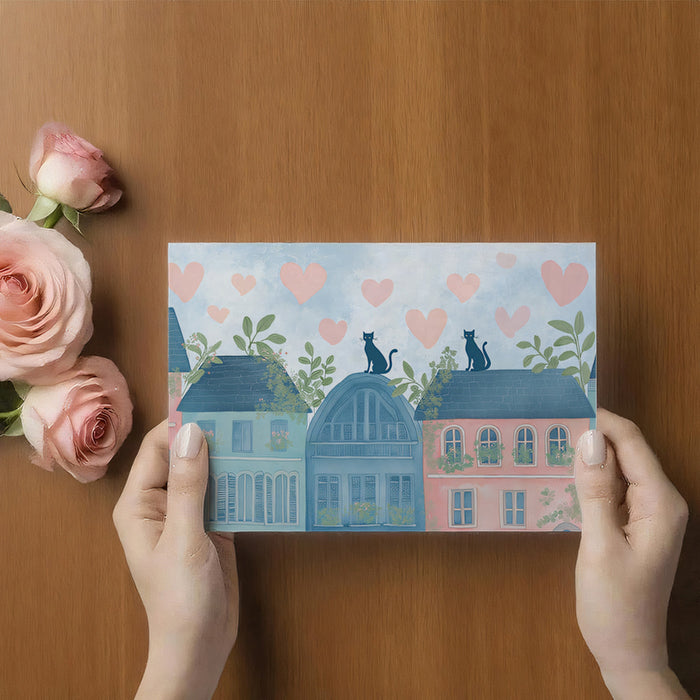 Pastel Love Cats Rooftops Mural Wallpaper | Romantic Scenery, Watercolor Hearts, Cozy Illustration