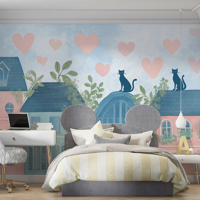 Pastel Love Cats Rooftops Mural Wallpaper | Romantic Scenery, Watercolor Hearts, Cozy Illustration