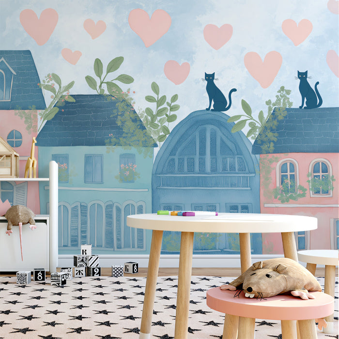 Pastel Love Cats Rooftops Mural Wallpaper | Romantic Scenery, Watercolor Hearts, Cozy Illustration