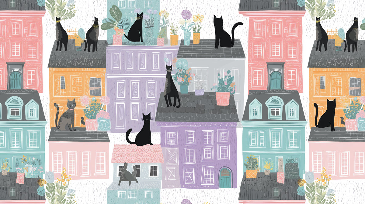 Parisian Cats Color Block Mural Wallpaper | Abstract Cityscape, Pastel Hues, Repeat Pattern Art