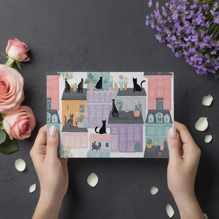 Parisian Cats Color Block Mural Wallpaper | Abstract Cityscape, Pastel Hues, Repeat Pattern Art