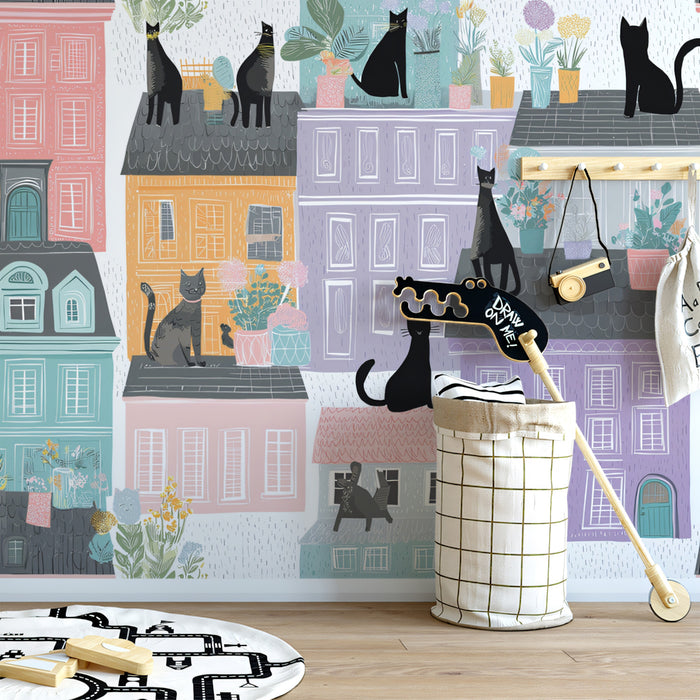Parisian Cats Color Block Mural Wallpaper | Abstract Cityscape, Pastel Hues, Repeat Pattern Art