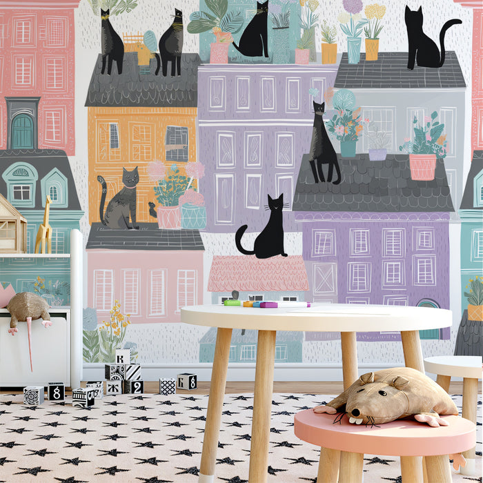 Parisian Cats Color Block Mural Wallpaper | Abstract Cityscape, Pastel Hues, Repeat Pattern Art