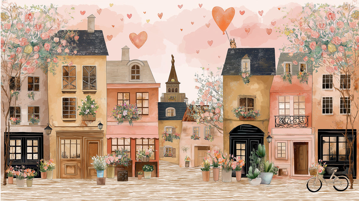 Romantic Village Street Mural Wallpaper | Heart Balloons, European Facades, Abundant Floral Decor