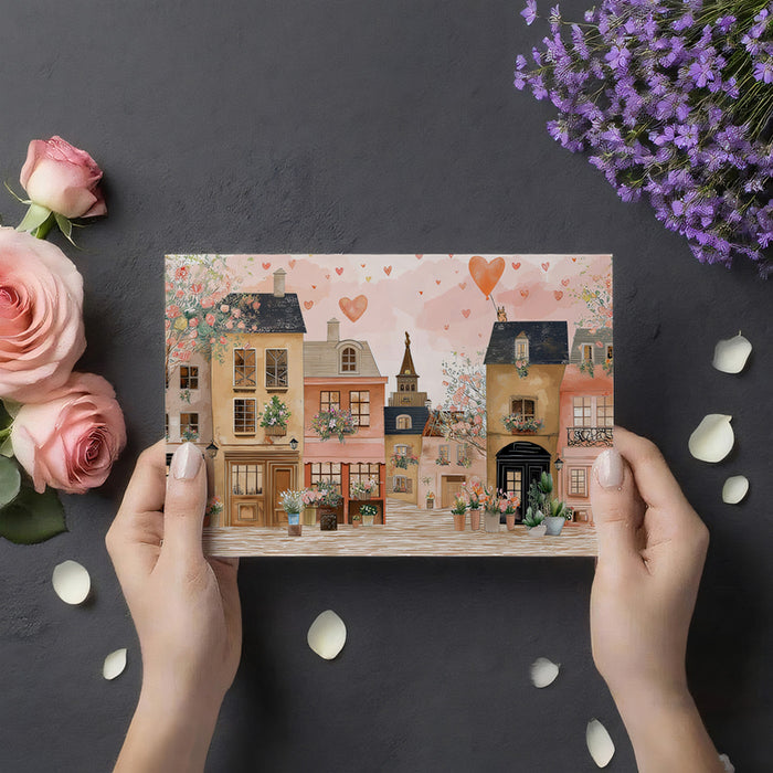 Romantic Village Street Mural Wallpaper | Heart Balloons, European Facades, Abundant Floral Decor
