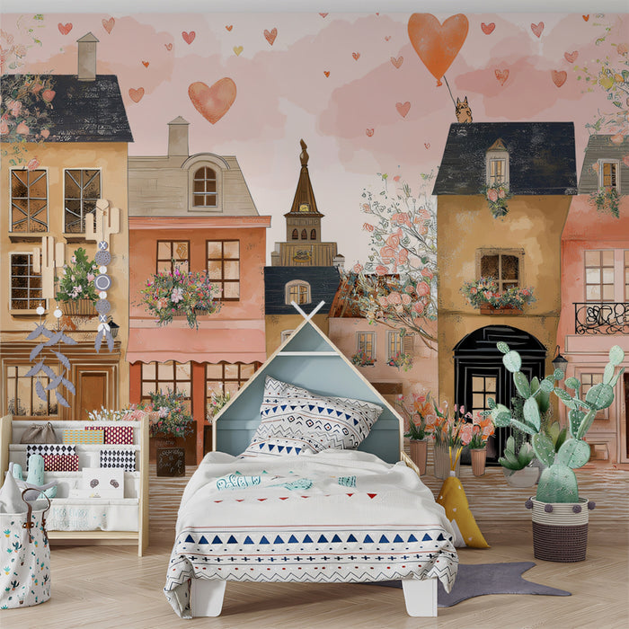 Romantic Village Street Mural Wallpaper | Heart Balloons, European Facades, Abundant Floral Decor