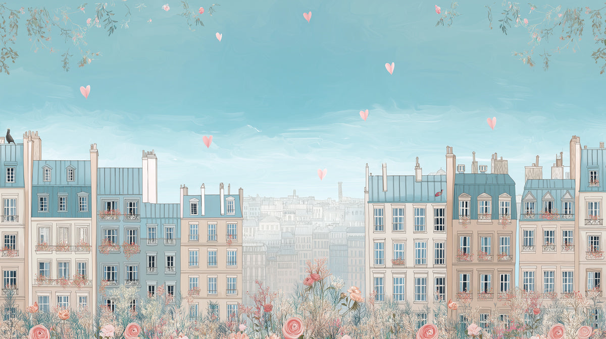 Tranquil Parisian Cityscape Mural Wallpaper | Pastel Blue Sky, Romantic Roses, Subtle Horizon View