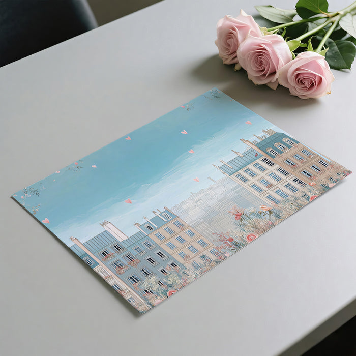 Tranquil Parisian Cityscape Mural Wallpaper | Pastel Blue Sky, Romantic Roses, Subtle Horizon View