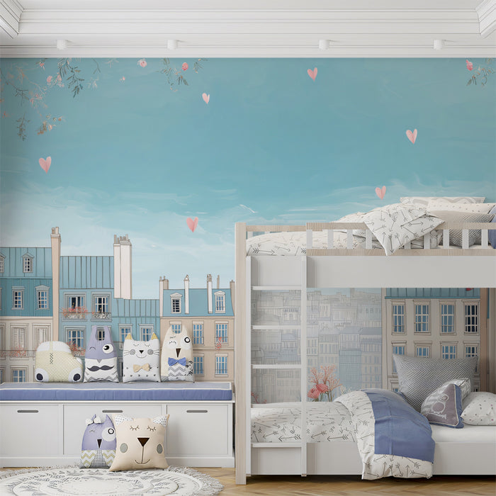 Tranquil Parisian Cityscape Mural Wallpaper | Pastel Blue Sky, Romantic Roses, Subtle Horizon View