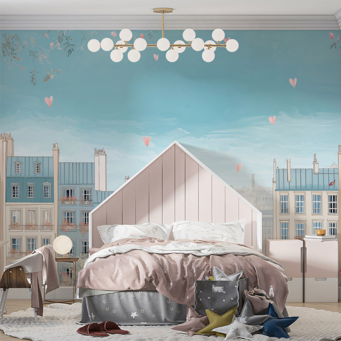 Tranquil Parisian Cityscape Mural Wallpaper | Pastel Blue Sky, Romantic Roses, Subtle Horizon View