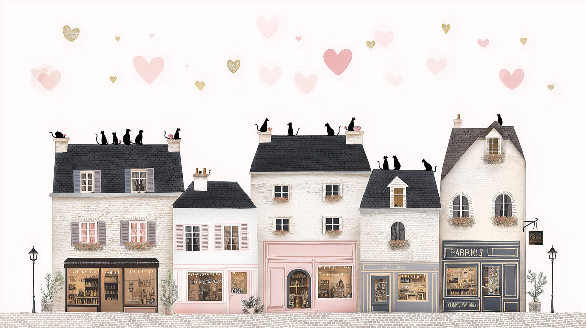 French Boutique Row Mural Wallpaper | Cats on Roof, Black and White, Romantic Heart Accents