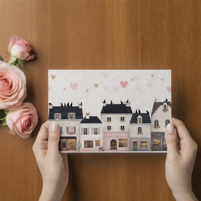 French Boutique Row Mural Wallpaper | Cats on Roof, Black and White, Romantic Heart Accents