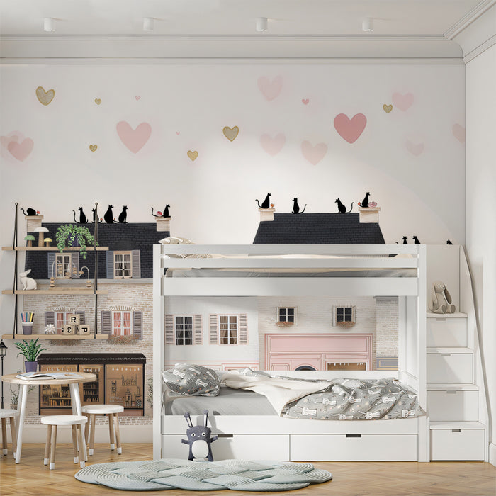 French Boutique Row Mural Wallpaper | Cats on Roof, Black and White, Romantic Heart Accents