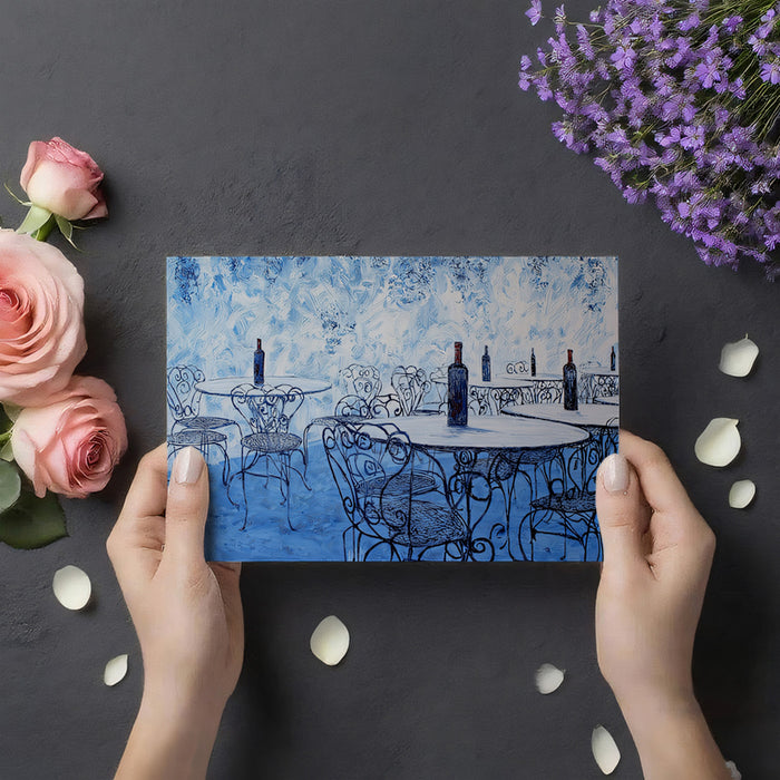 Blue and White Cafe Scene Mural Wallpaper | Impressionist Style, Vintage Wrought Iron, Monochromatic Art
