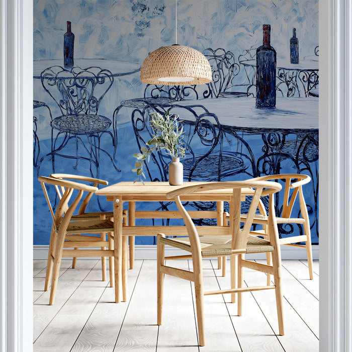 Blue and White Cafe Scene Mural Wallpaper | Impressionist Style, Vintage Wrought Iron, Monochromatic Art