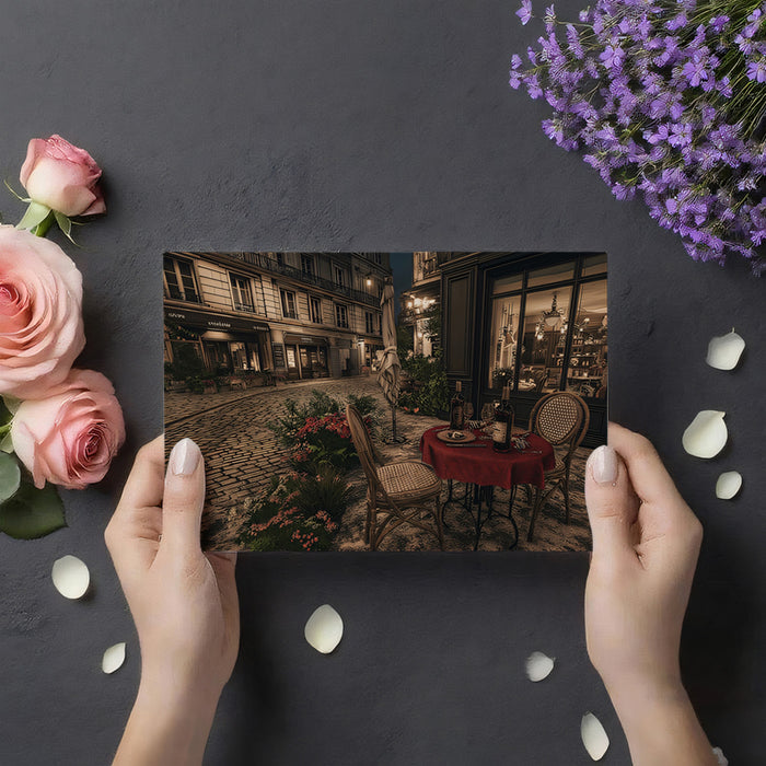 Parisian Cobblestone Bistro Mural Wallpaper | Night Scene, Vintage Charm, Warm Lighting Focus