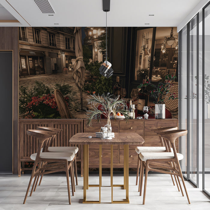Parisian Cobblestone Bistro Mural Wallpaper | Night Scene, Vintage Charm, Warm Lighting Focus