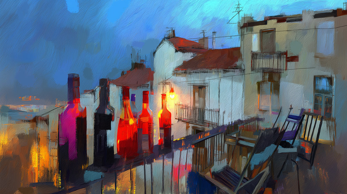 European Balcony Night Mural Wallpaper | Expressionist Oil Paint, Vivid Reflections, Moody Urban Scene