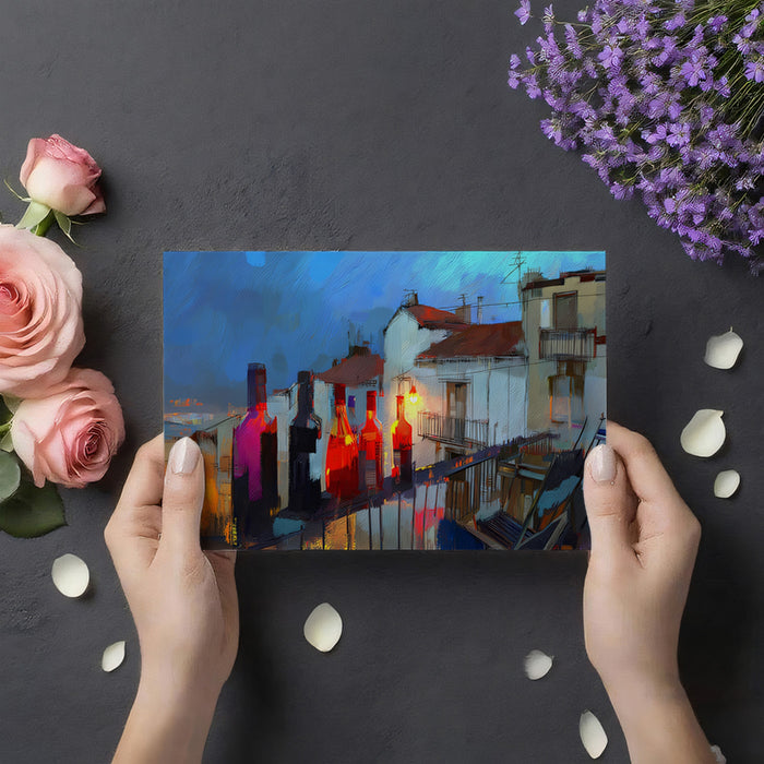 European Balcony Night Mural Wallpaper | Expressionist Oil Paint, Vivid Reflections, Moody Urban Scene