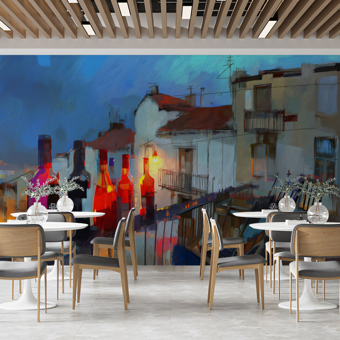 European Balcony Night Mural Wallpaper | Expressionist Oil Paint, Vivid Reflections, Moody Urban Scene