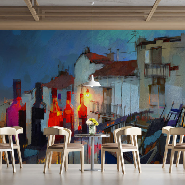European Balcony Night Mural Wallpaper | Expressionist Oil Paint, Vivid Reflections, Moody Urban Scene