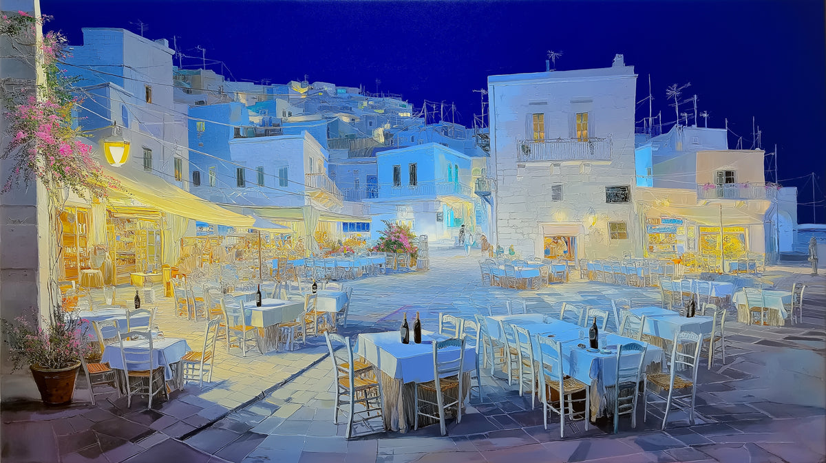 Aegean Village Night Scene Mural Wallpaper | Greek Islands, Oil Painting, Blue and White Contrast