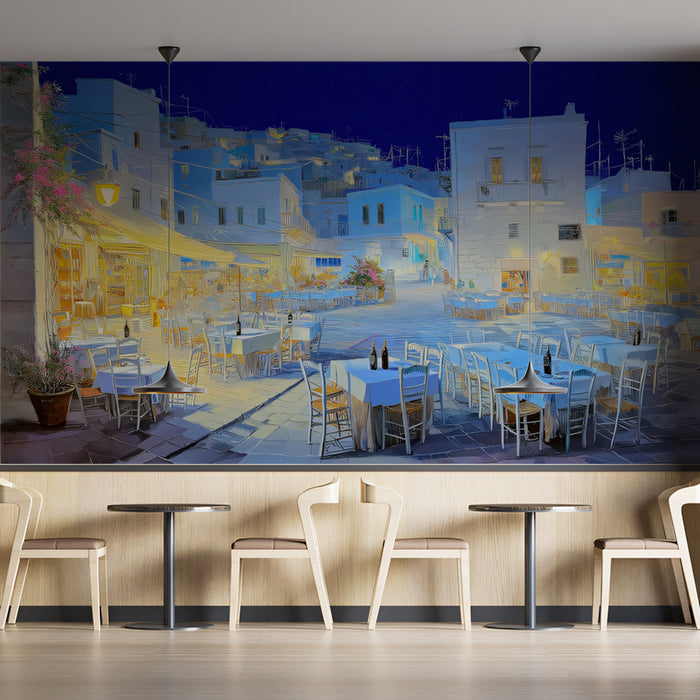 Aegean Village Night Scene Mural Wallpaper | Greek Islands, Oil Painting, Blue and White Contrast