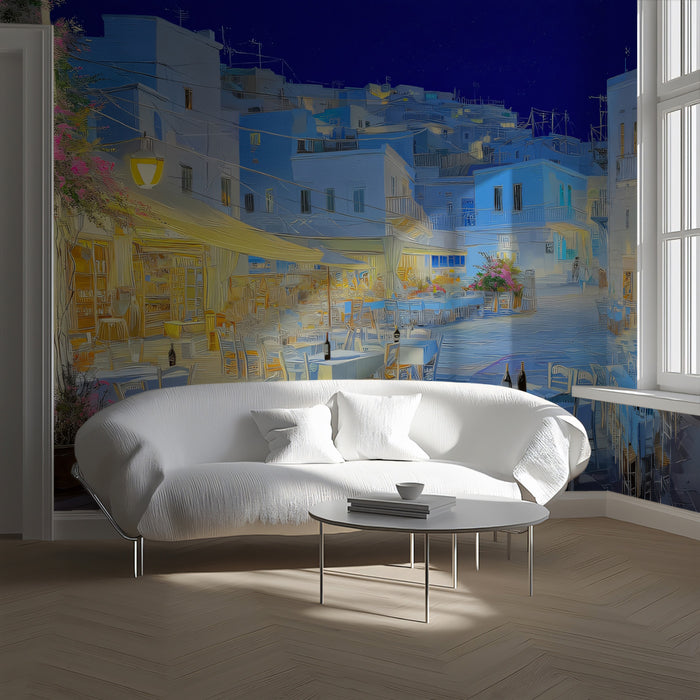 Aegean Village Night Scene Mural Wallpaper | Greek Islands, Oil Painting, Blue and White Contrast