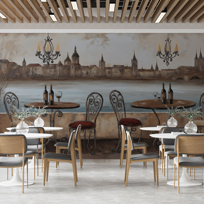 European Riverside Terrace Mural Wallpaper | Vintage Illustration, Earth Tones, Romantic Dining Spot