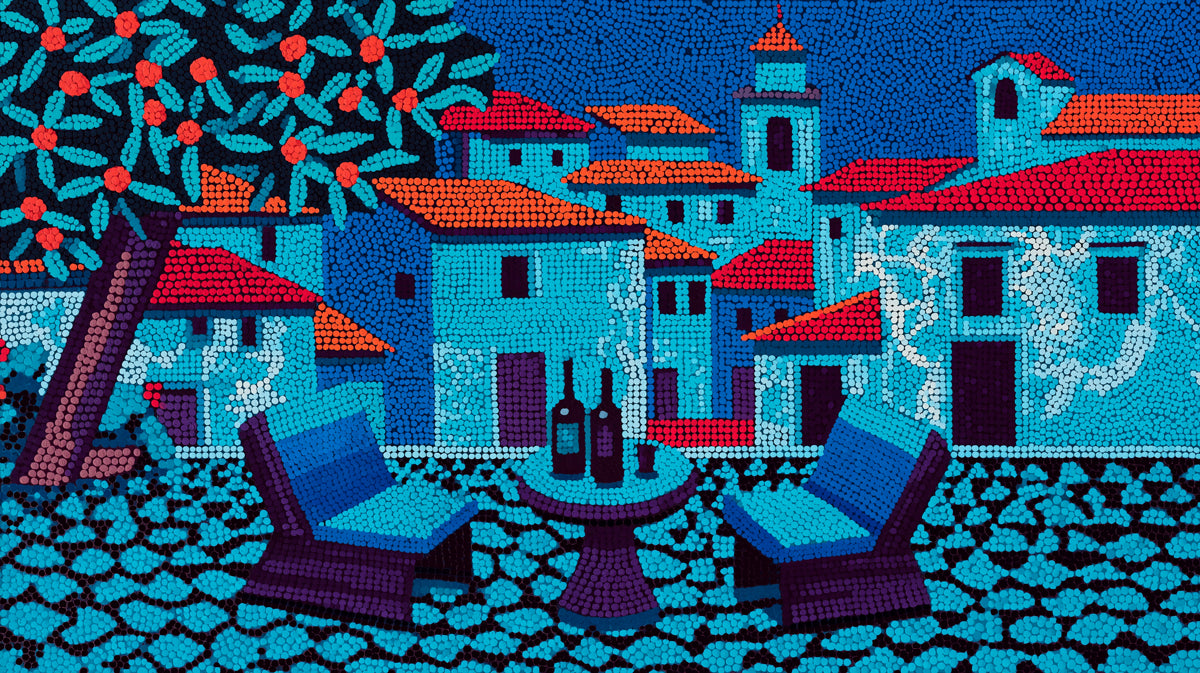 Mediterranean Town Pointillism Mural Wallpaper | Vibrant Dots, Orange Grove, Unique Texture Art