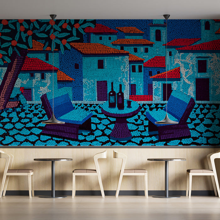 Mediterranean Town Pointillism Mural Wallpaper | Vibrant Dots, Orange Grove, Unique Texture Art