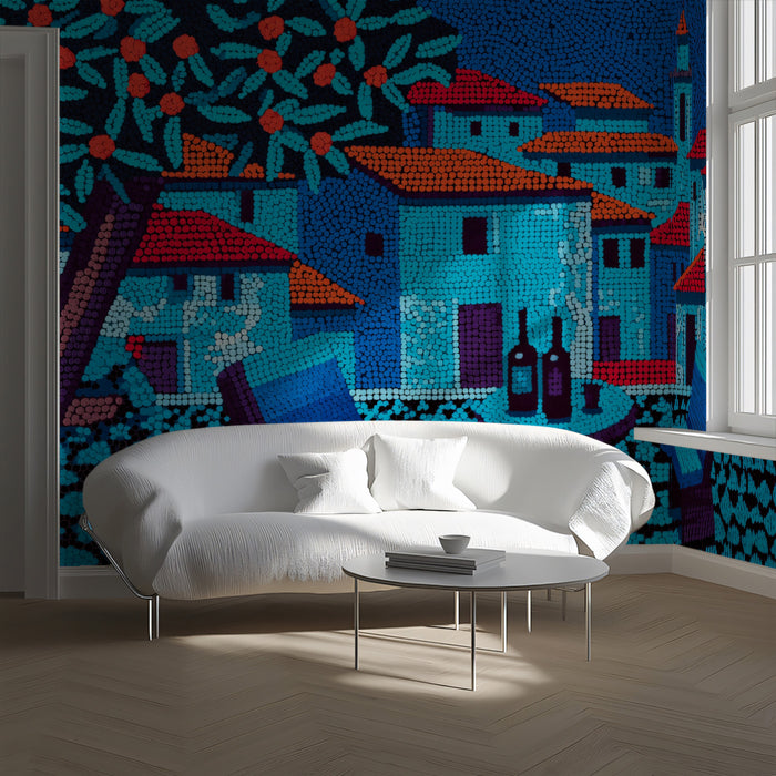 Mediterranean Town Pointillism Mural Wallpaper | Vibrant Dots, Orange Grove, Unique Texture Art