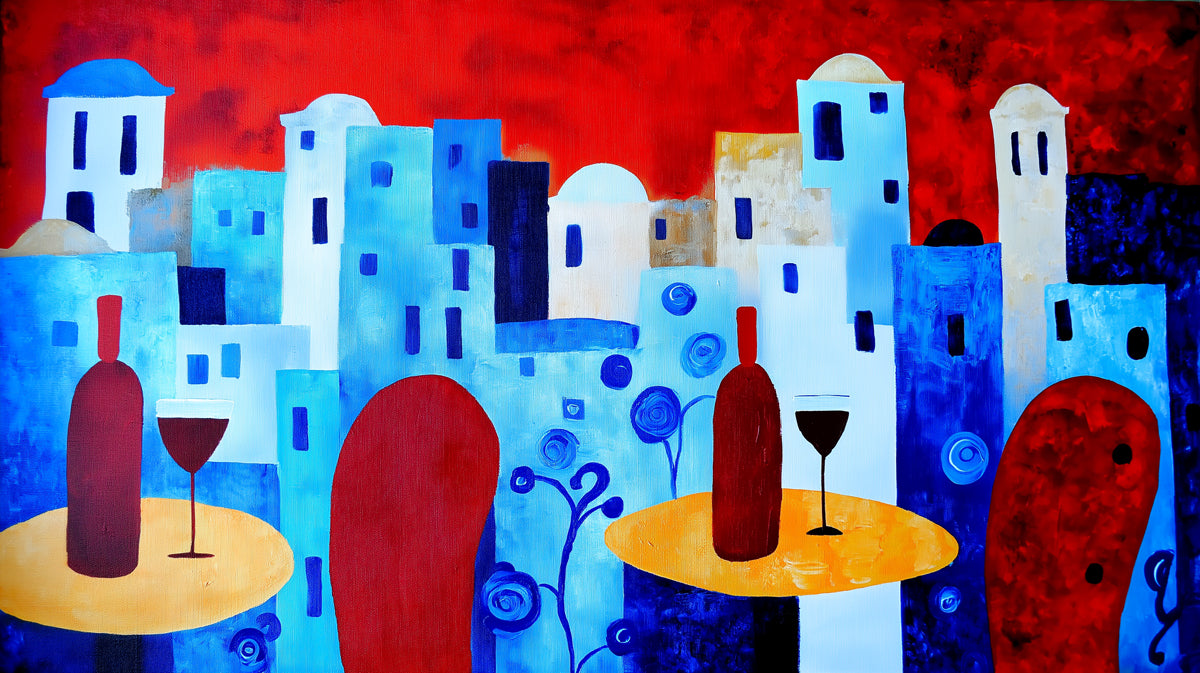 Abstract Santorini Sunset Mural Wallpaper | Bold Red and Blue Contrast, Modern Expressionism, Wine Bar Scene