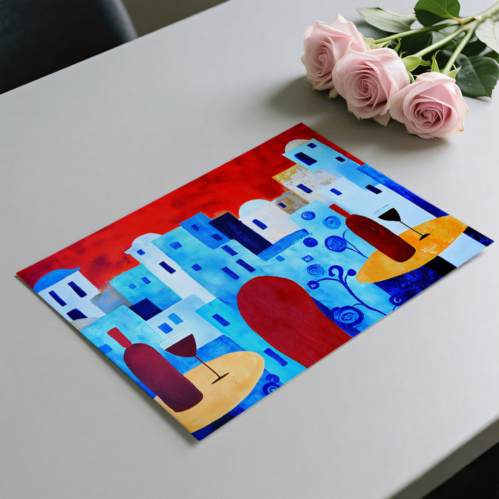Abstract Santorini Sunset Mural Wallpaper | Bold Red and Blue Contrast, Modern Expressionism, Wine Bar Scene