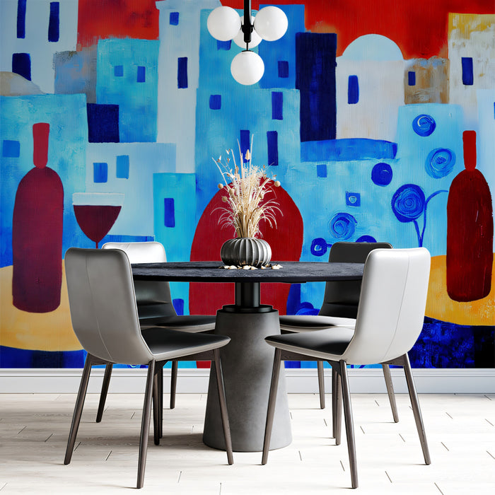 Abstract Santorini Sunset Mural Wallpaper | Bold Red and Blue Contrast, Modern Expressionism, Wine Bar Scene