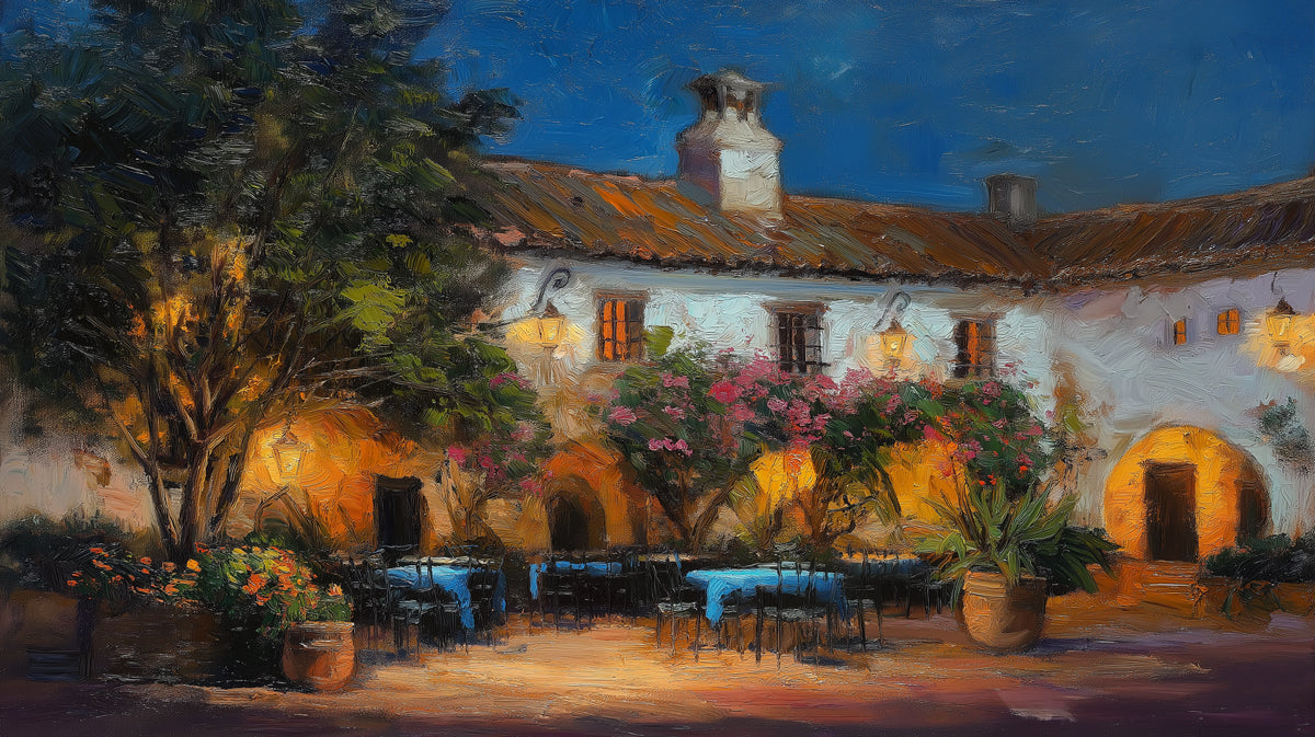 Rustic Courtyard Evening Mural Wallpaper | Impressionist Oil, Warm Yellow Light, Mediterranean Bloom