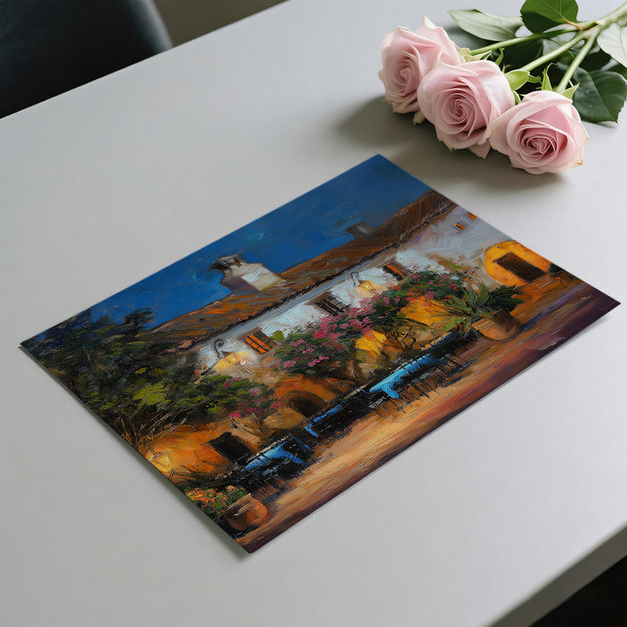 Rustic Courtyard Evening Mural Wallpaper | Impressionist Oil, Warm Yellow Light, Mediterranean Bloom