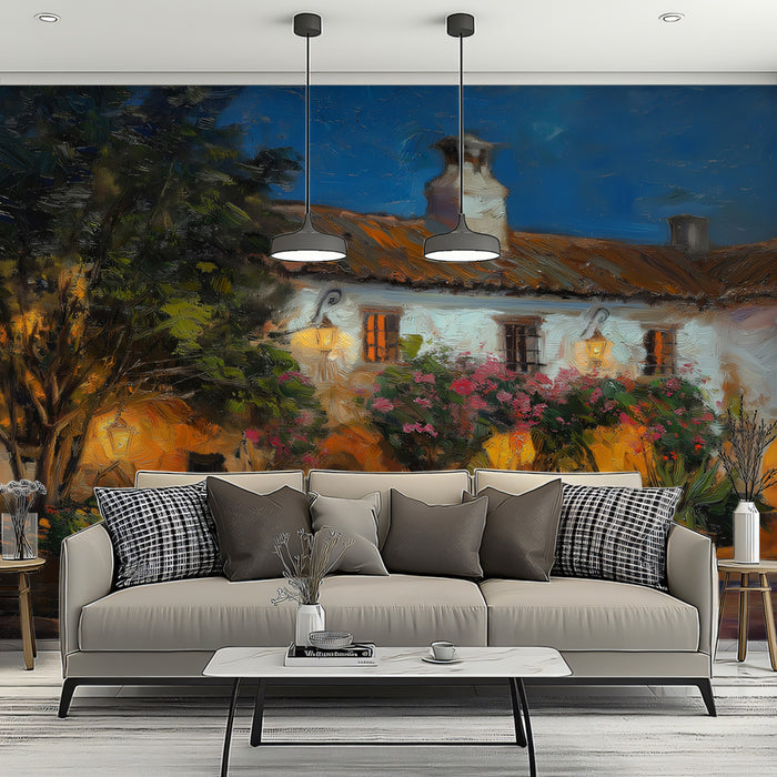 Rustic Courtyard Evening Mural Wallpaper | Impressionist Oil, Warm Yellow Light, Mediterranean Bloom
