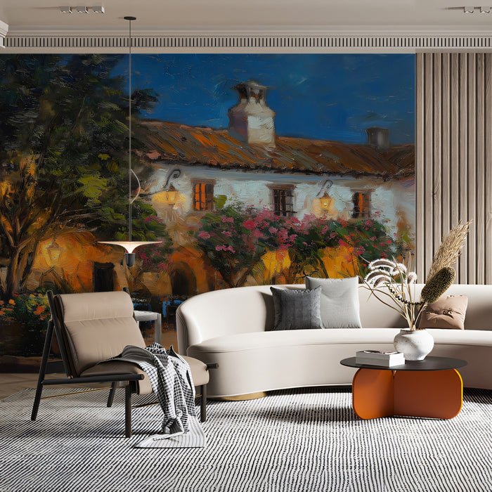 Rustic Courtyard Evening Mural Wallpaper | Impressionist Oil, Warm Yellow Light, Mediterranean Bloom