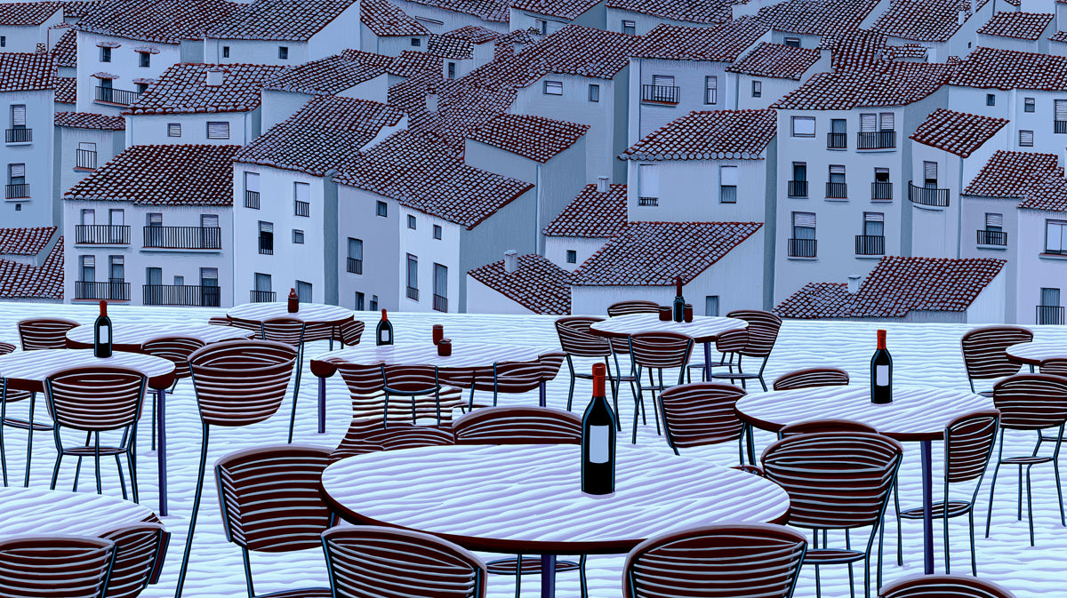 Snowy Rooftops Bar Scene Mural Wallpaper | Cool Blue Tone, Graphic Architecture, Minimalist Terrace