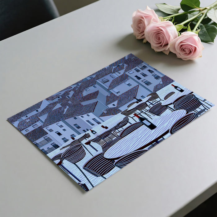 Snowy Rooftops Bar Scene Mural Wallpaper | Cool Blue Tone, Graphic Architecture, Minimalist Terrace