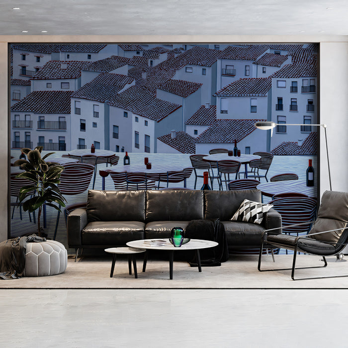 Snowy Rooftops Bar Scene Mural Wallpaper | Cool Blue Tone, Graphic Architecture, Minimalist Terrace