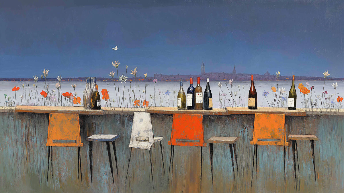 Waterfront Wildflower Bar Mural Wallpaper | Coastal Scenery, Orange and White Pop, Panoramic View