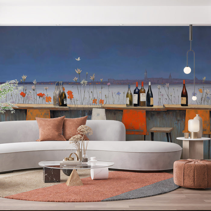 Waterfront Wildflower Bar Mural Wallpaper | Coastal Scenery, Orange and White Pop, Panoramic View