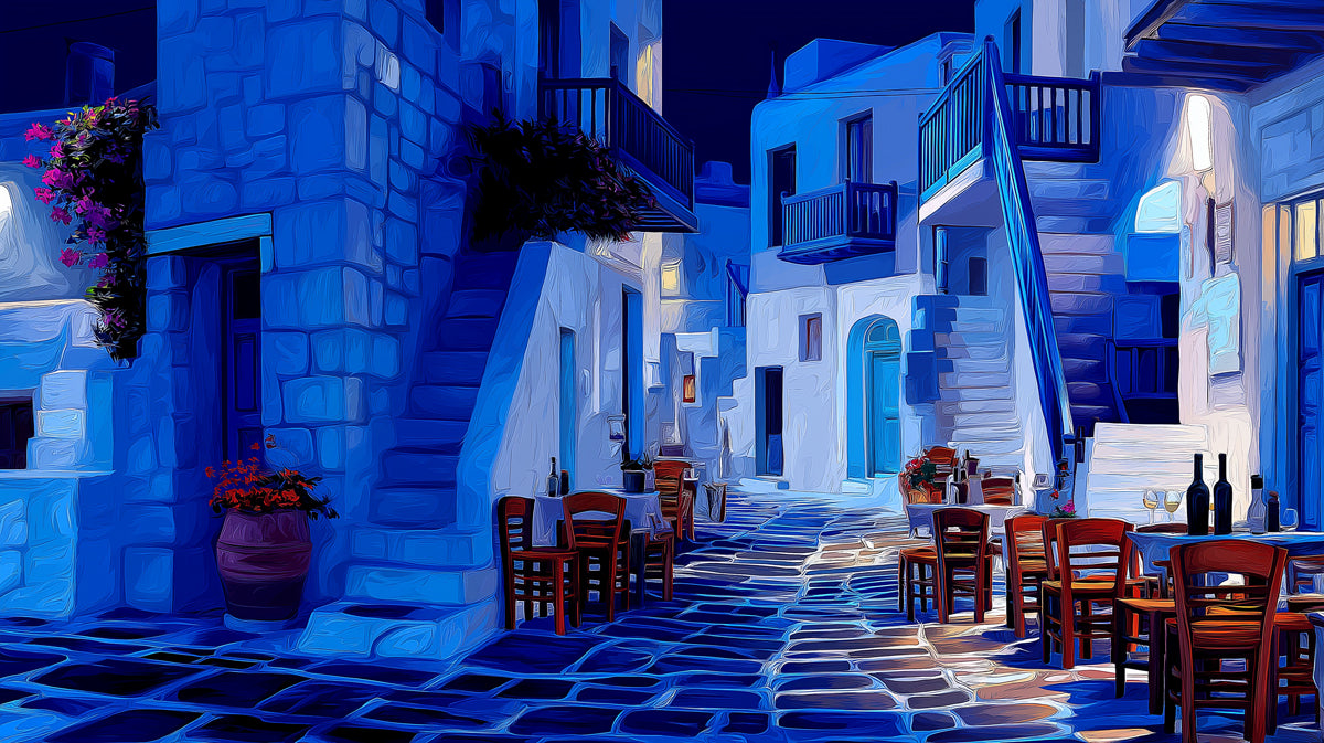 Intense Blue Greek Alley Mural Wallpaper | Nighttime Oil Painting, Red Chair Contrast, Cobblestone Street