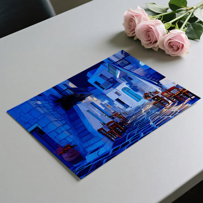 Intense Blue Greek Alley Mural Wallpaper | Nighttime Oil Painting, Red Chair Contrast, Cobblestone Street