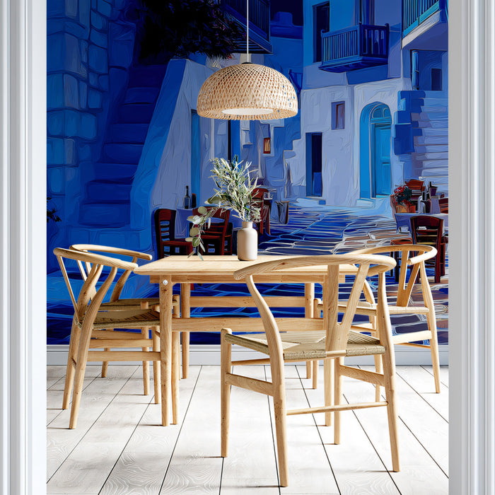Intense Blue Greek Alley Mural Wallpaper | Nighttime Oil Painting, Red Chair Contrast, Cobblestone Street